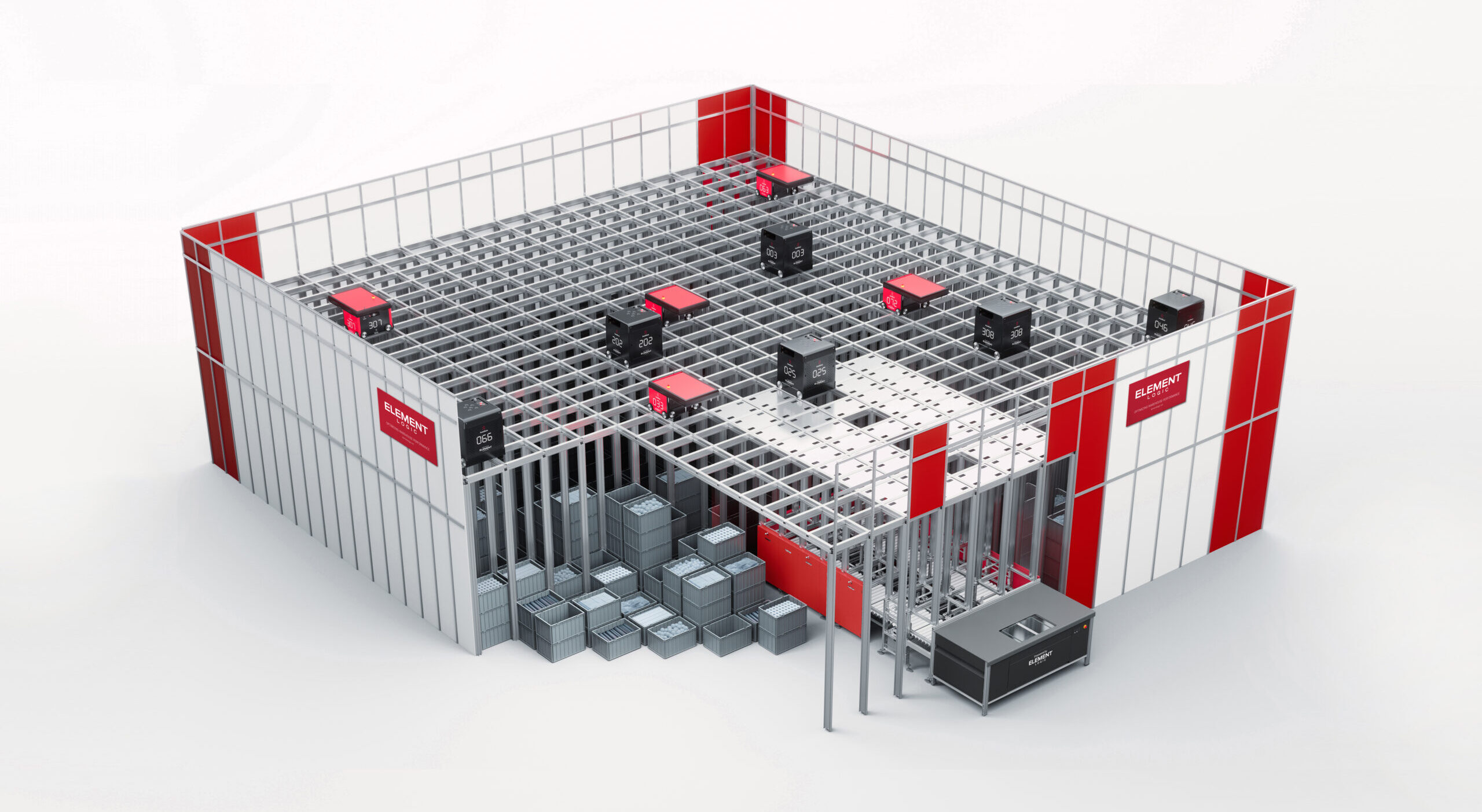 An illustration of an AutoStore grid with Red Line and Black Line robots running on top.