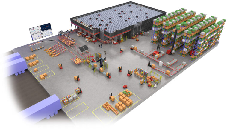 Ilustración de una instalación logística con sistema AutoStore, estanterías, carretillas, líneas de transportadores, muelles de carga y pantallas de control integradas.