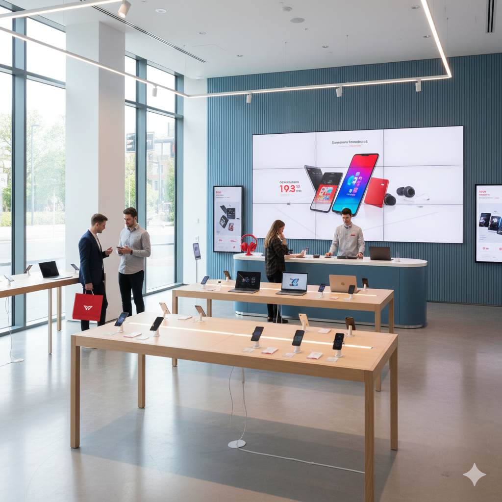 Interior de una tienda de electrónica con clientes y mostrador de atención, con móviles expuestos.