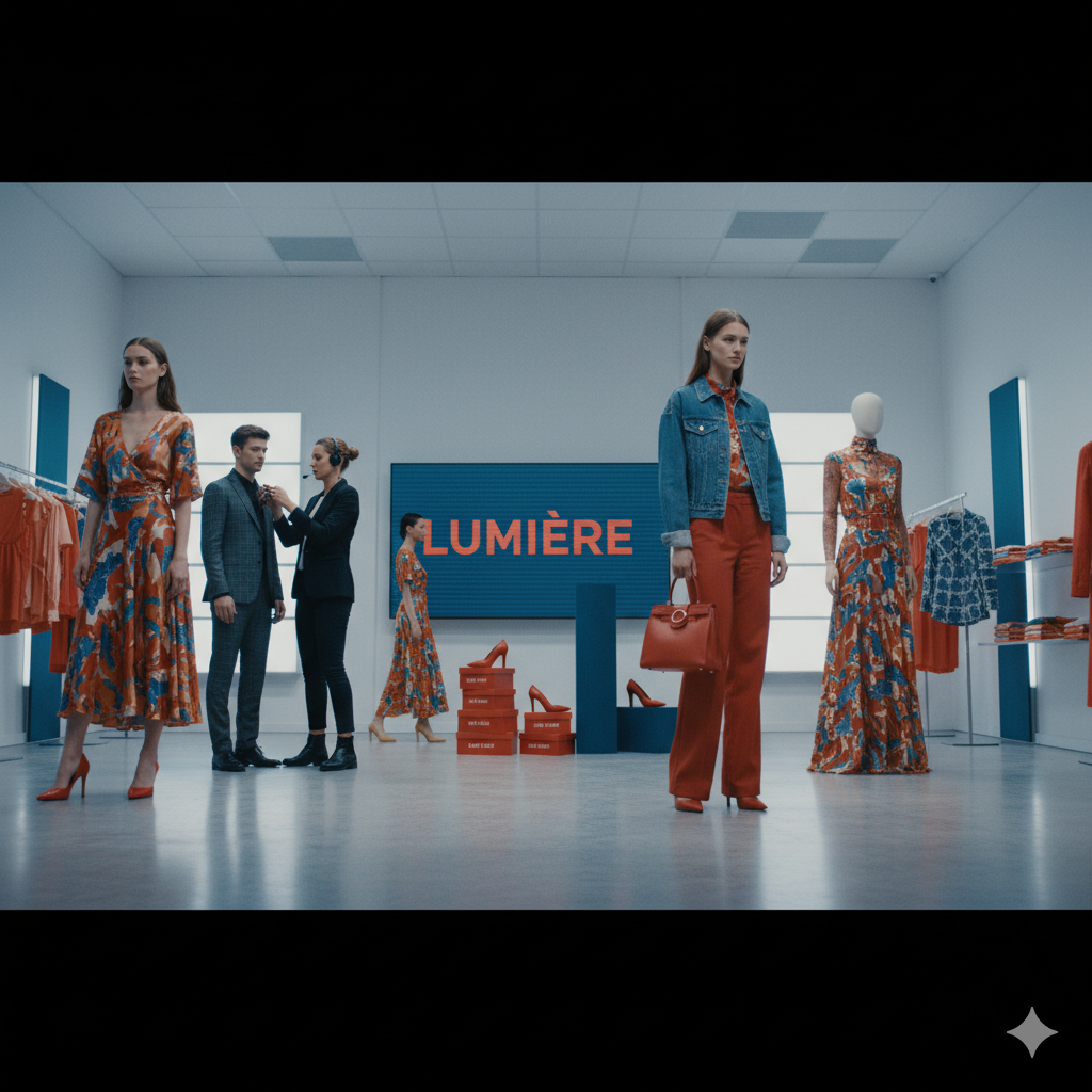 Escaparate de moda con modelos y maniquíes en una tienda, con prendas expuestas y un rótulo “LUMIÈRE”.