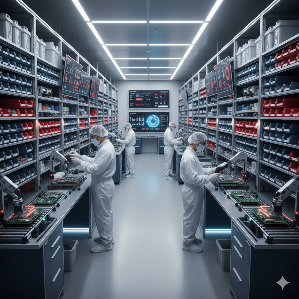 Técnicos trabajando en un laboratorio con estanterías de componentes y pantallas de monitorización.