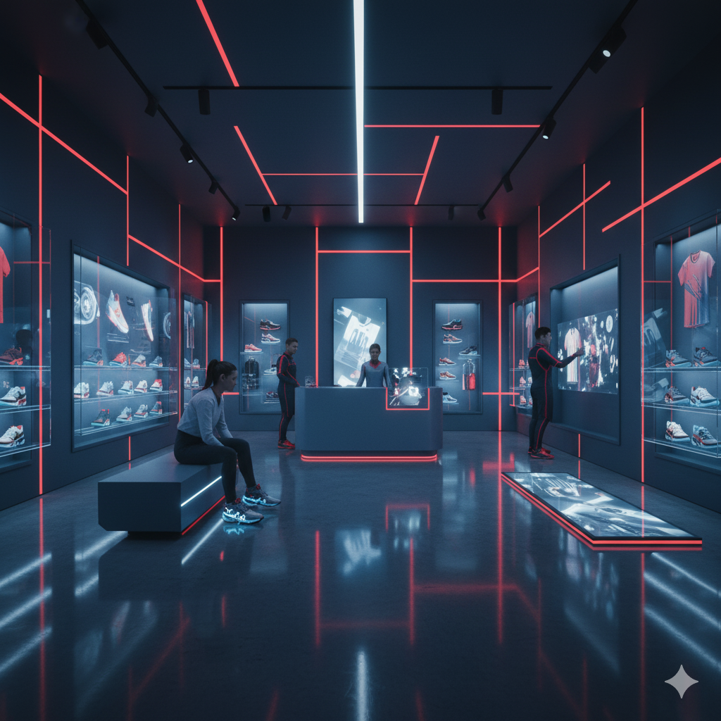 Tienda de moda deportiva con iluminación roja y pantallas digitales, con personal atendiendo en mostrador.
