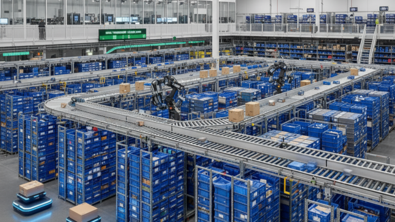 Almacén automatizado mayorista con cintas transportadoras y robots trabajando entre contenedores azules.