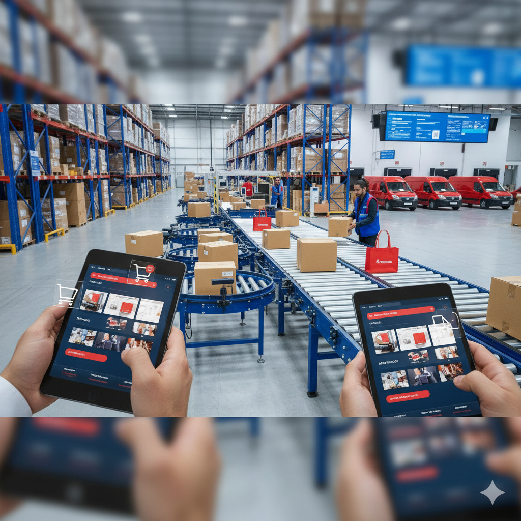 Operativa de almacén con cintas transportadoras y operarios, con tablets mostrando una aplicación de gestión de pedidos.