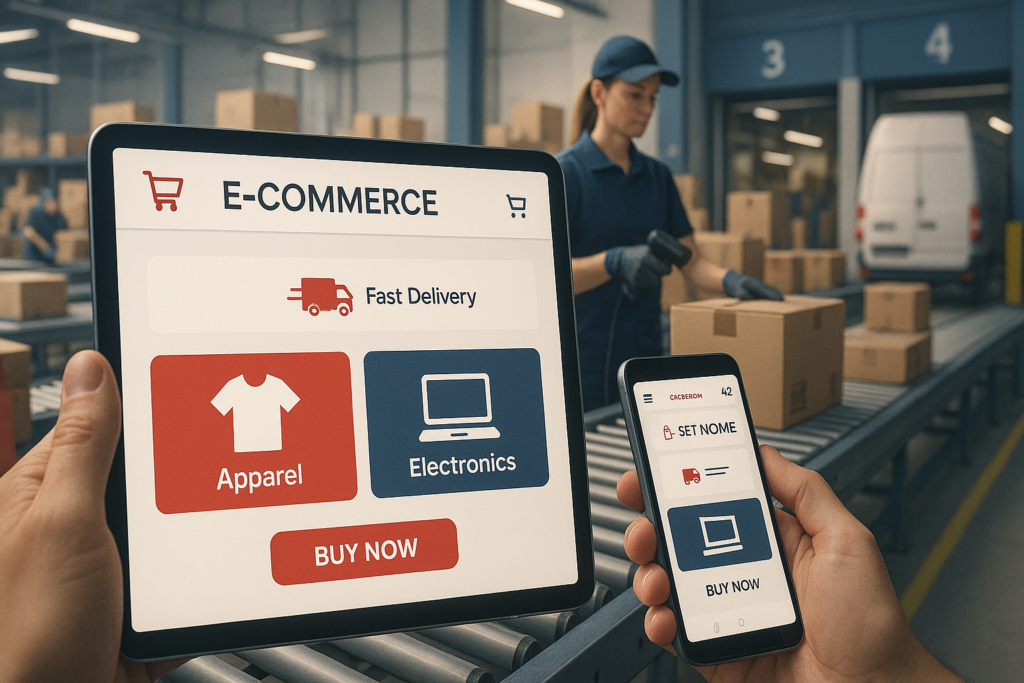 Pantalla de e-commerce en tablet y móvil mientras se prepara un pedido en una cinta transportadora.