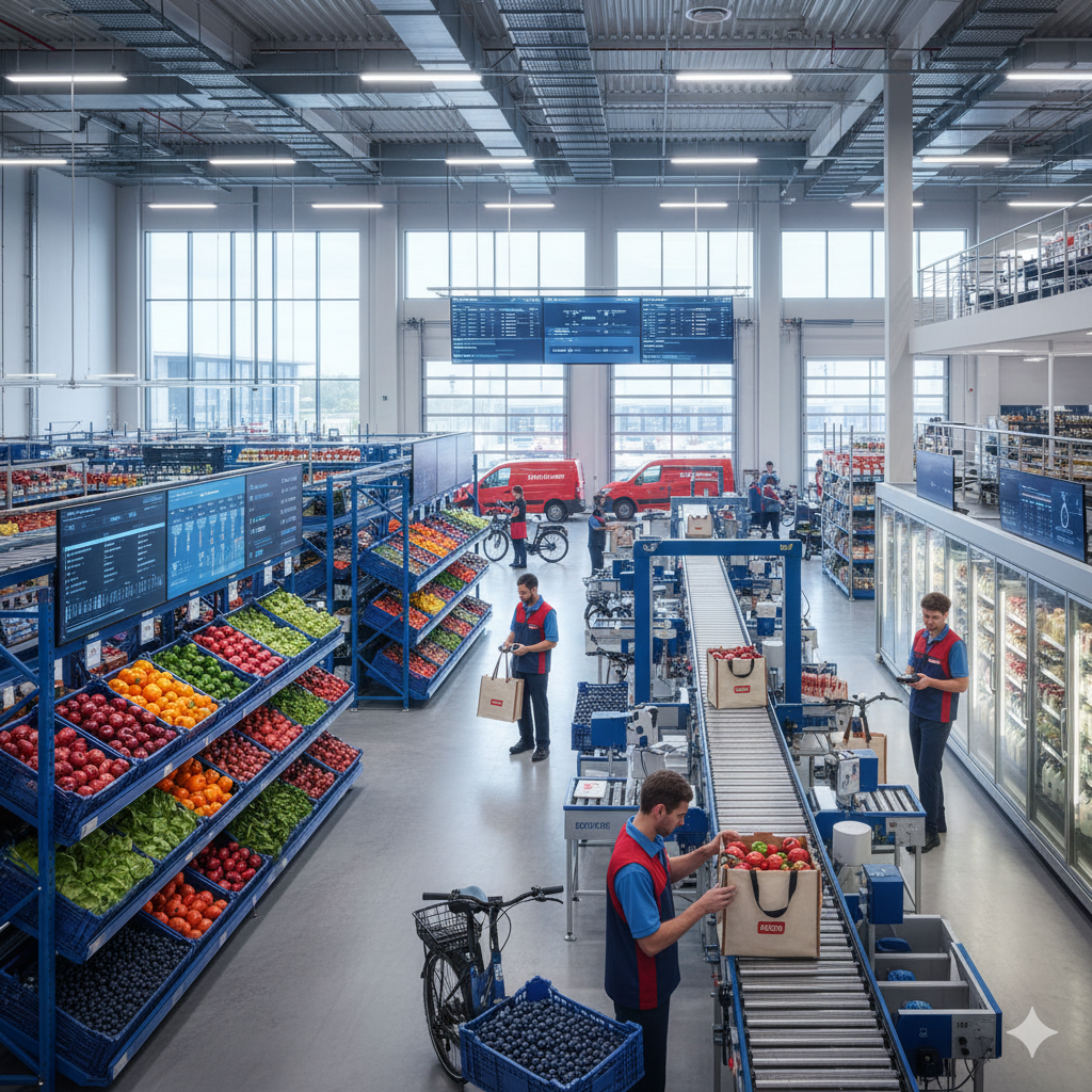 Preparación de pedidos de productos frescos en un almacén con estanterías y cinta transportadora.