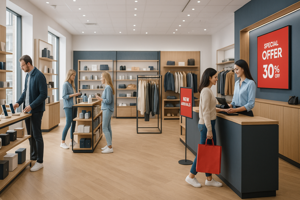 Interior de tienda retail con clientes en caja y señalización de oferta, con prendas y productos expuestos.