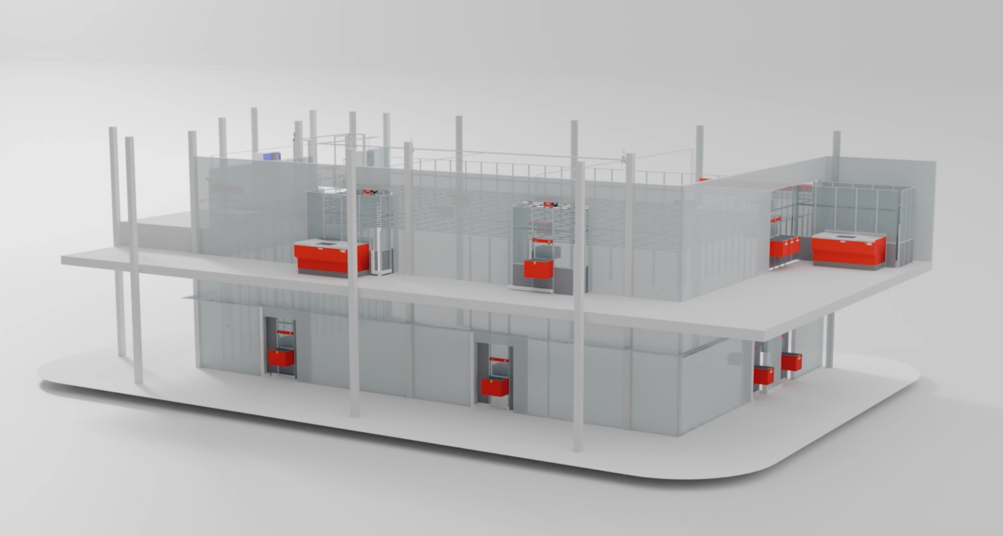Sistema AutoStore integrado en una planta industrial con varias estaciones de trabajo.