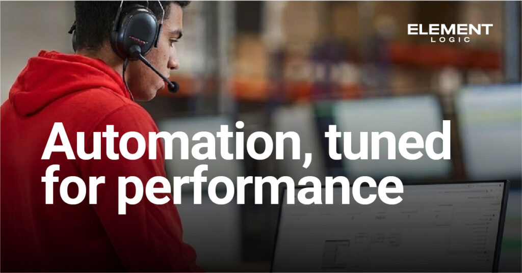 Picture of warehouse assistant in Formula One style headphones