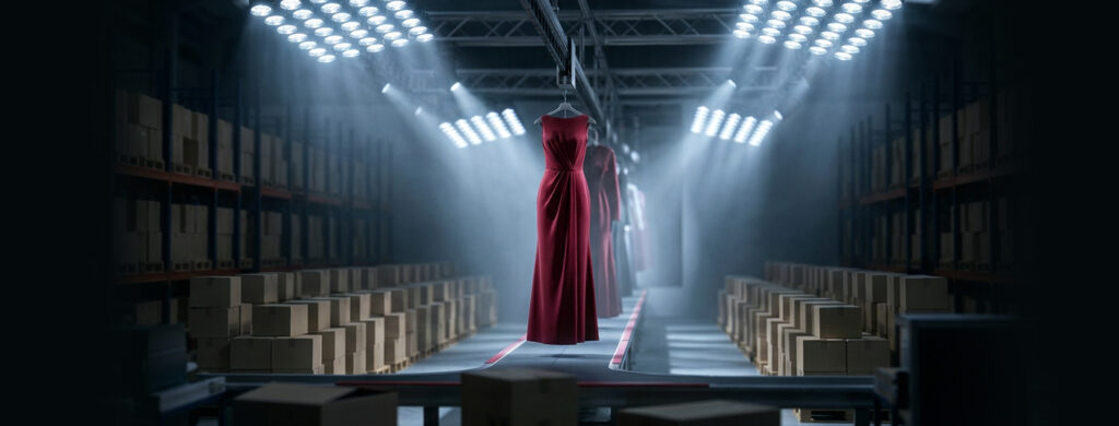 Red dress in warehouse