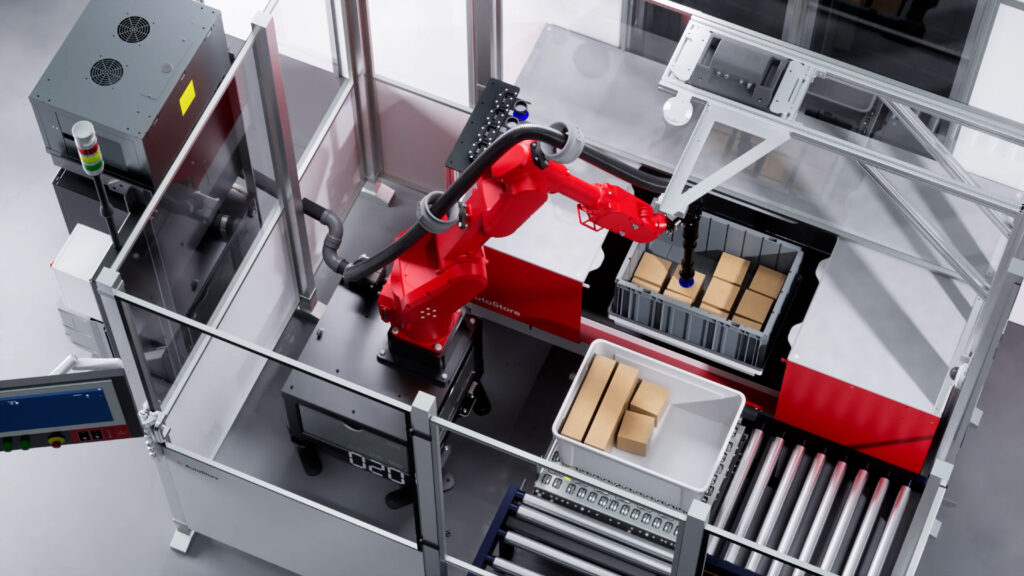 KI-generierte Darstellung eines Roboterarms in einem AutoStore von Element Logic