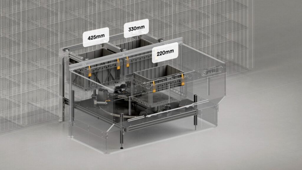 Der AutoStore FlexBinsPort™ ist ein Arbeitsplatz, der alle drei Standard-Behälterhöhen von AutoStore (220 mm, 330 mm und 425 mm) an einem einzigen Port verarbeitet.