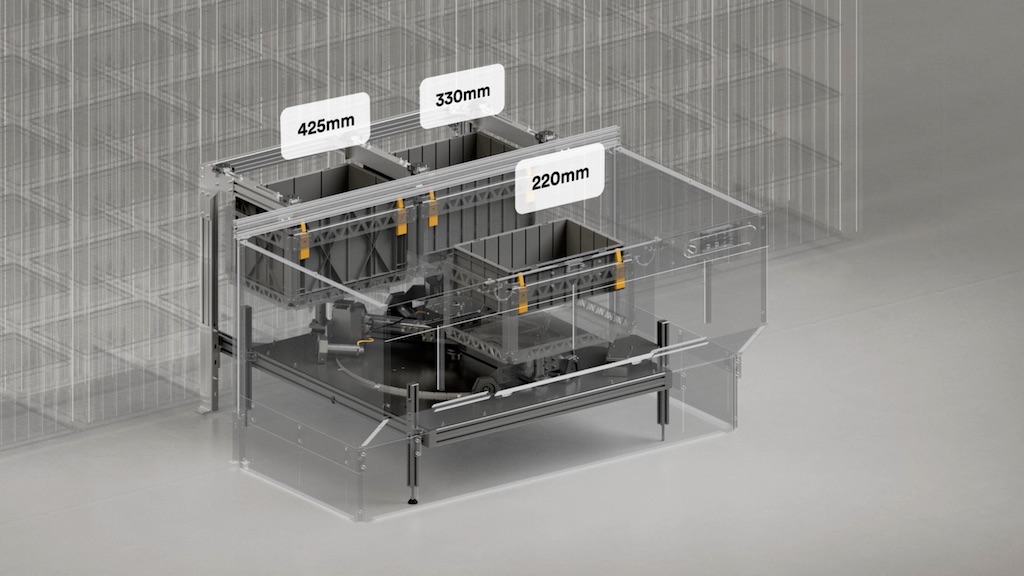 AutoStore FlexBinsPort™ to stanowisko robocze zaprojektowane do obsługi wszystkich trzech standardowych wysokości pojemników AutoStore (220 mm, 330 mm i 425 mm) przy jednym porcie
