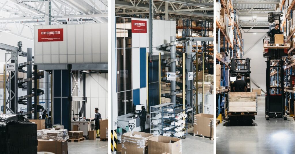 Three images side by side of inside the Bergaard Amundsen warehouse with AutoStore ports and conveyer system