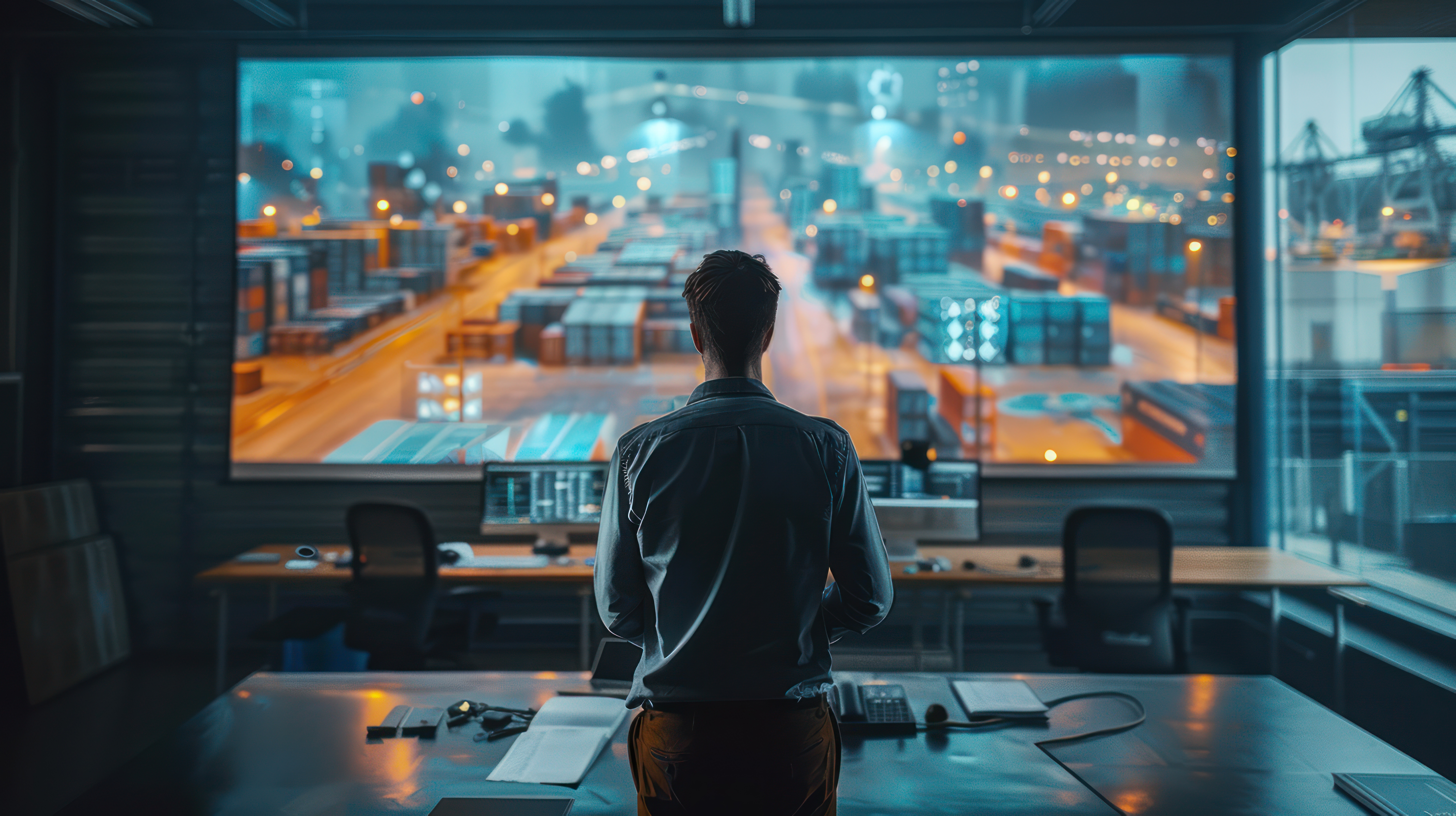 man sits on a desk while looking at storage containers