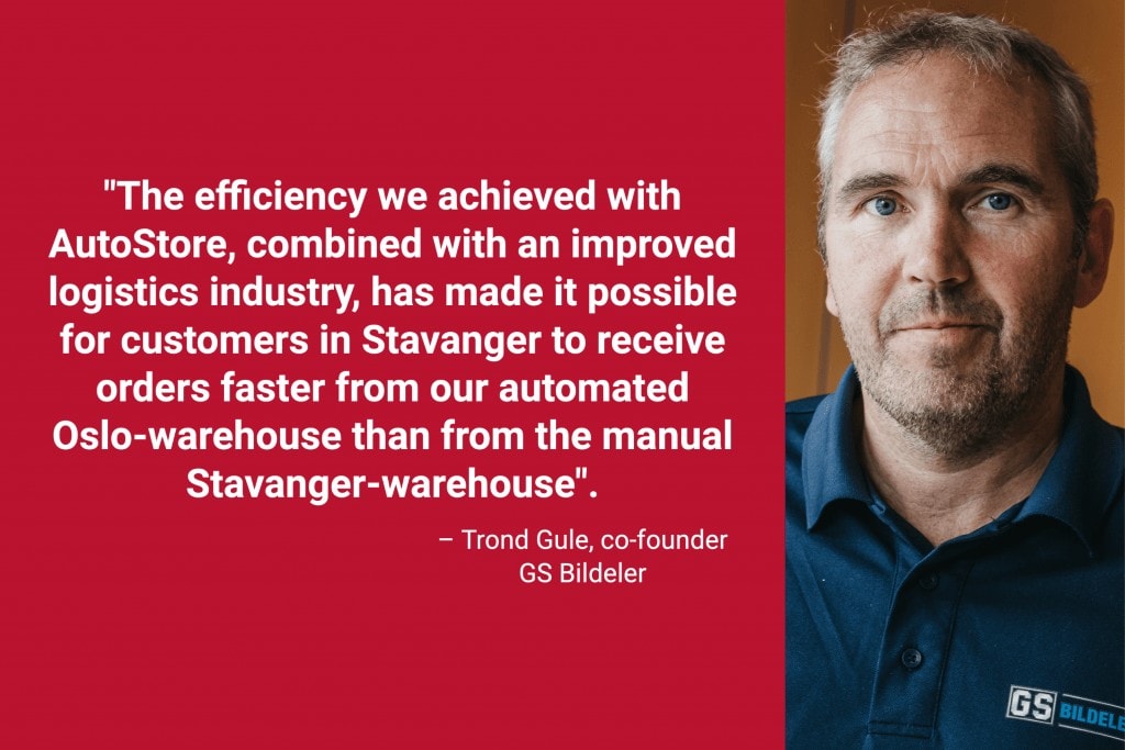 Portrait photo of founder Trond Gule with caption "The efficiency we achieved with AutoStore combined with an improved logistics industry has made it possible for customers in Stavanger to receive orders faster from our automated Oslo-warehouse than from our manual Stavanger-warehouse".