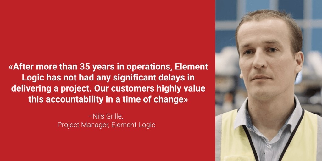 A portrait photo of Nils Grille with the quote "After more than 35 years in operations, Element Logic has not had any significant delays in delivering projects. Our customers highly value this accountability in a time of change"