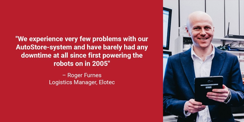 A portrait photo of logistics manager Roger Furnes in a red box with the quote "we experience very few problems with our AutoStore-system, and have barely had any downtime since first powering the robots on in 2005"