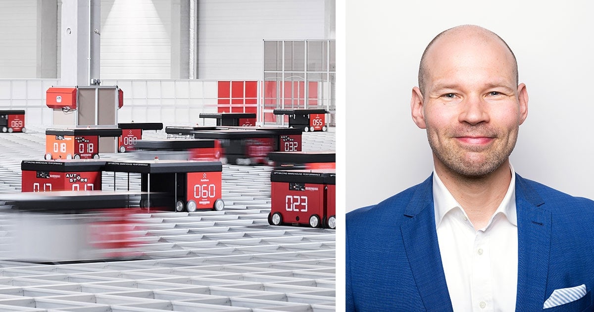 AutoStore robots working on top a grid and a smiling Antti Lumme, Sales Director, Finland