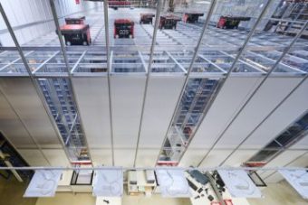An AutoStore grid with robots on top